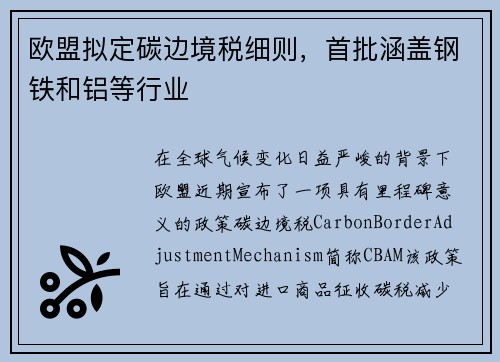 欧盟拟定碳边境税细则，首批涵盖钢铁和铝等行业