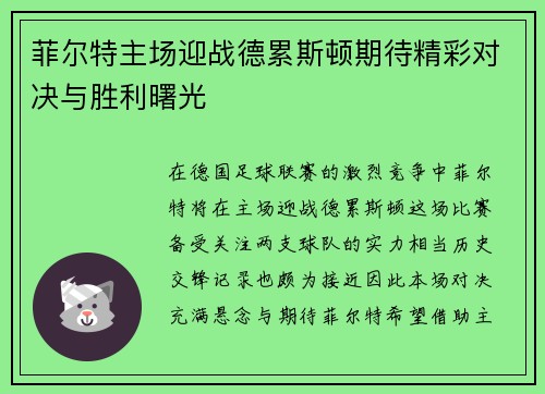 菲尔特主场迎战德累斯顿期待精彩对决与胜利曙光